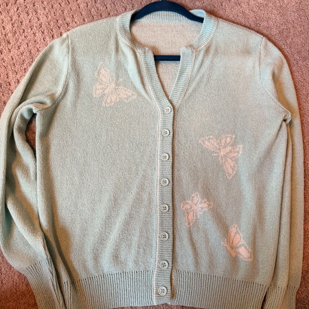 Vtg 70s 80s ILGWU Mint Green Butterfly Cardigan Sweater Size 12 Made in USA